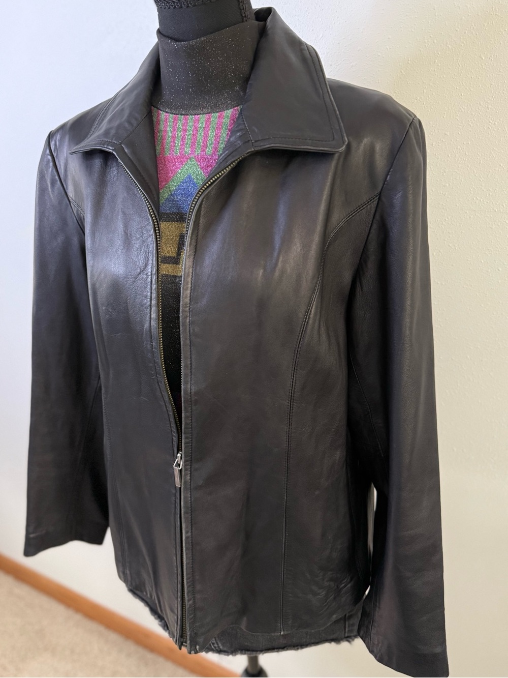 Colebrook Genuine Black Leather Jacket Zip Front Minimalist L 90s